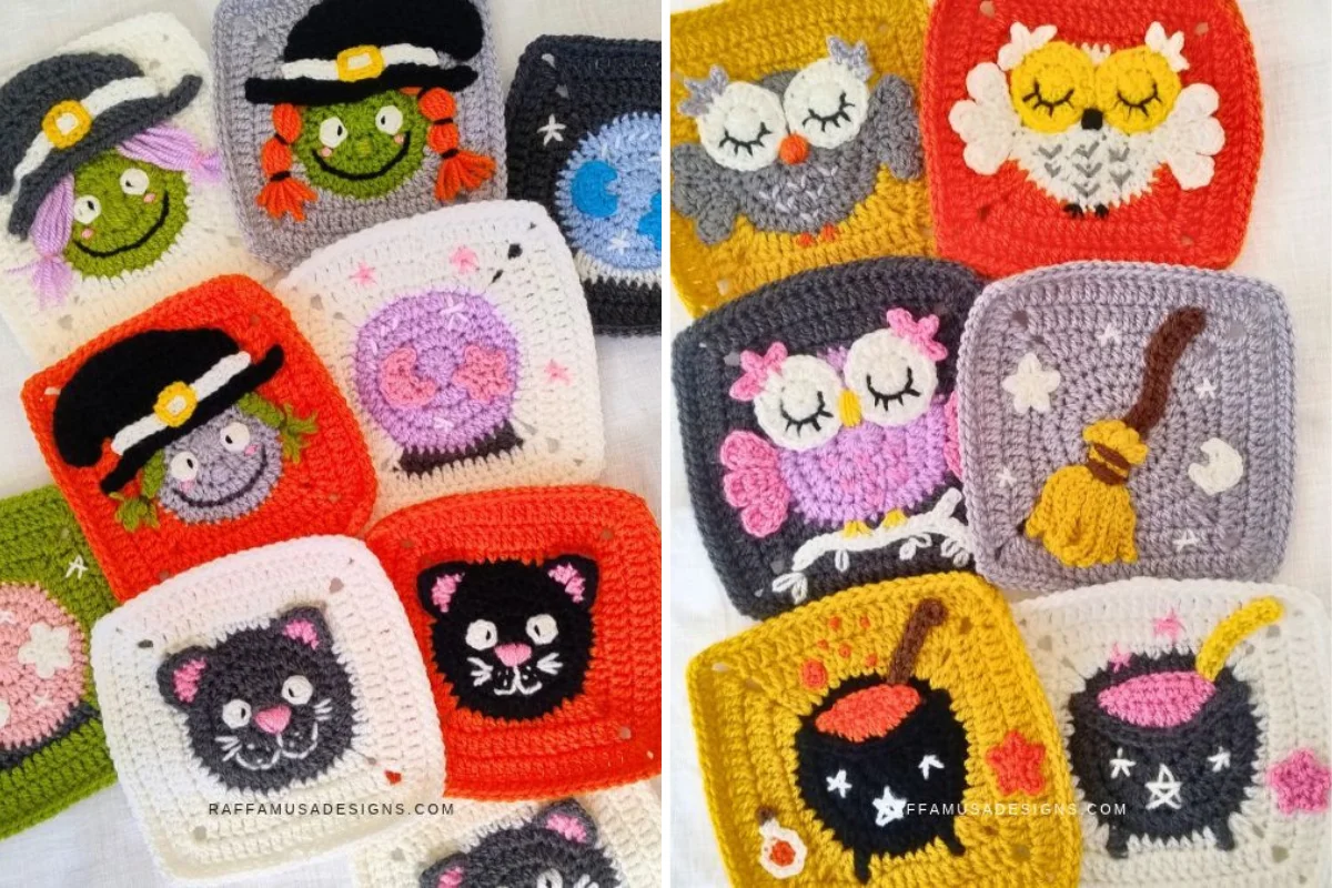 Two groups of Happy Haunting square crochet patches featuring Halloween-themed designs such as witches, owls, black cats, crystal balls, brooms, and cauldrons.