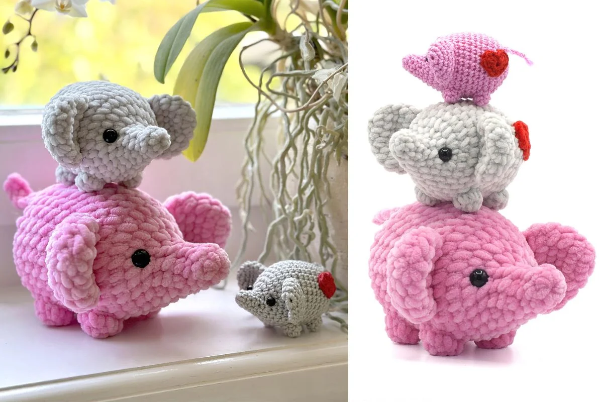 Two views of stacked amigurumi: a small grey elephant on a large pink one, and a pink piglet on a grey crochet elephant on a large pink elephant.