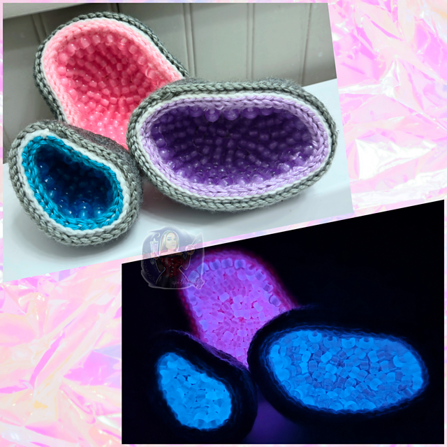 Three crocheted geode patterns form pouches with colorful beaded interiors, shown in daylight and glowing in the dark.