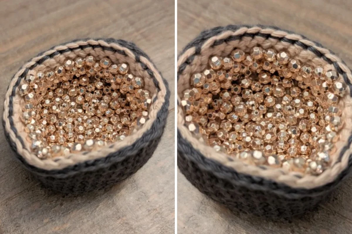 A small, round, crocheted bowl filled with metallic gold beads that resemble geode crystals.