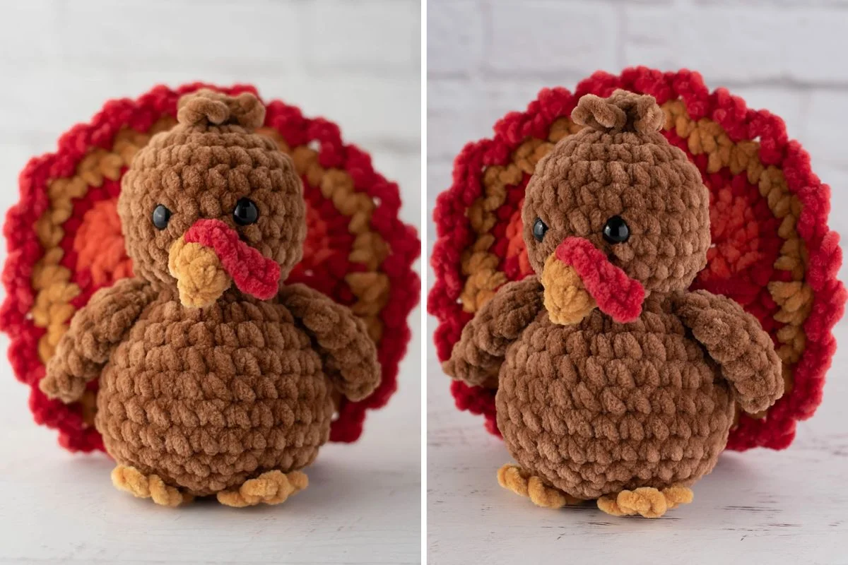 Two photos side by side show a handmade, plush crochet turkey with a red and yellow tail, black eyes, and an orange beak, set against a white brick background.