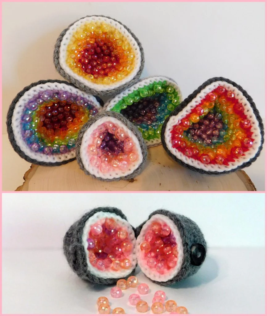 Five crocheted geode patterns shaped as ornaments filled with multicolored beads, and a separate pair of geode halves with loose beads spilling out.