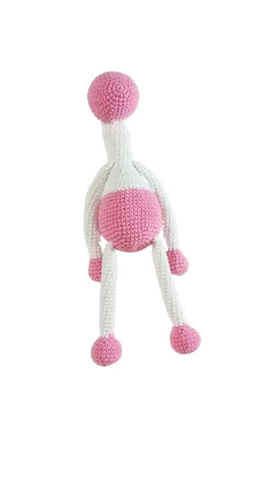 Crochet giraffe amigurumi with a round pink head, white neck, pink torso, and long white limbs ending in pink spheres.