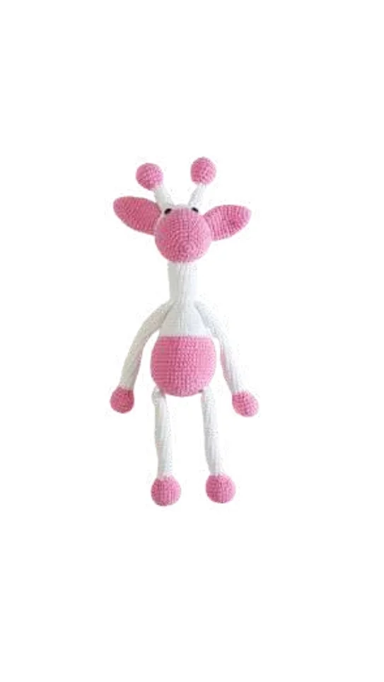 A white and pink giraffe amigurumi toy.