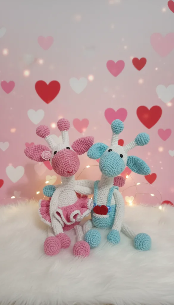 Two crochet giraffe toys sit side-by-side on white fur, echoing the style of a free crochet pumpkin pattern against a pink heart-patterned background.