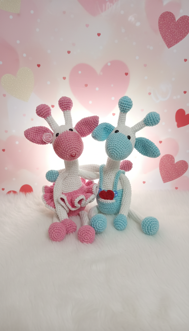 A pink and a blue giraffe amigurumi sit together on a white fur surface in front of a heart-patterned background.
