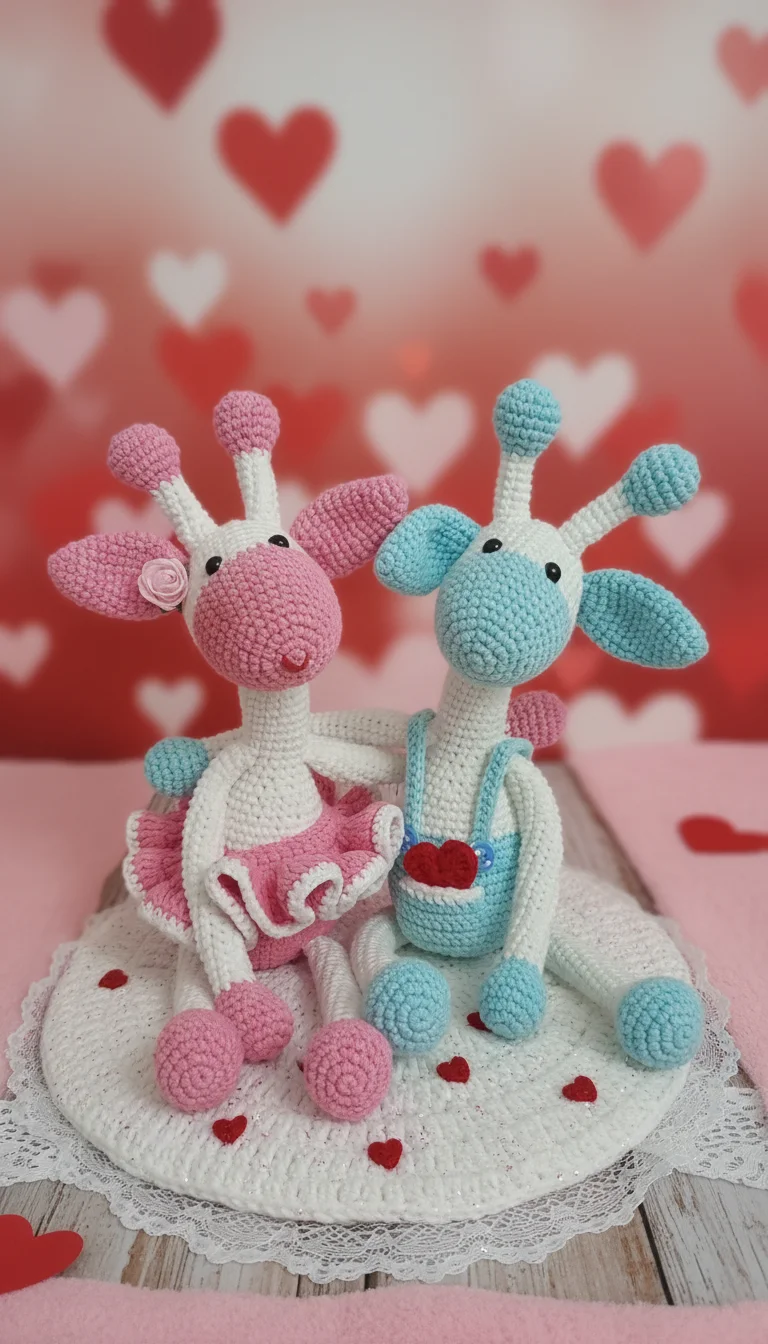 Two giraffe amigurumi dolls sit together on a white lace doily against a red heart-patterned background.