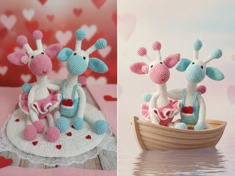 Two giraffe amigurumi dolls, one pink and one blue, sitting together on a white lace mat and then in a small wooden boat.